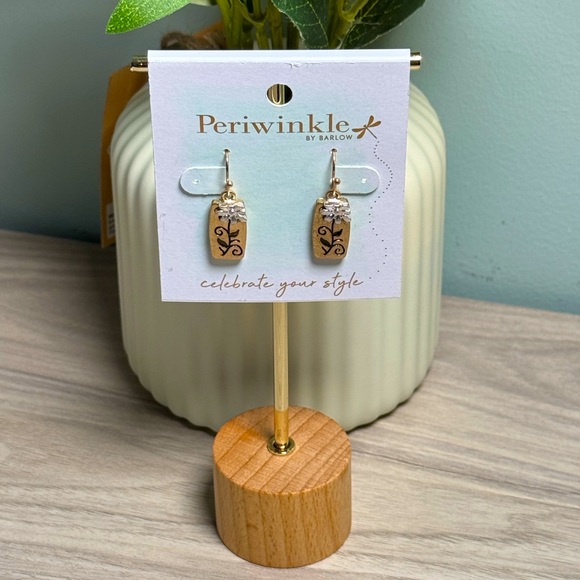 [SOLD] Periwinkle by Barlow Gold and Silver Rectangular Earrings - Picture 2 of 5